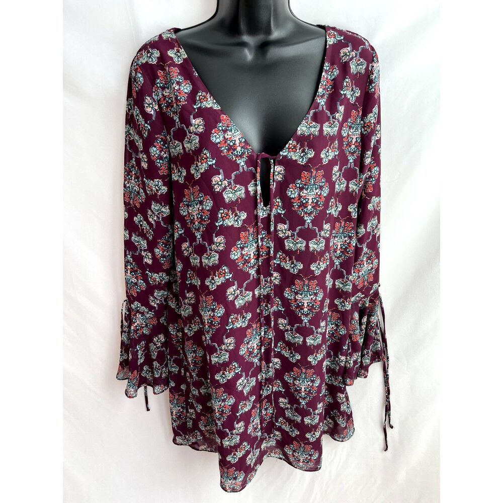 Tularosa Tunic Dress Top Eggplant Floral Bell Sleeve Ruffle Size S Romantic